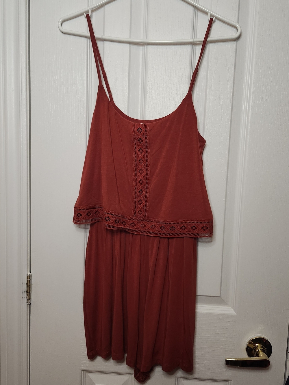 Burnt Orange Spaghetti Strap Romper with Crochet Trim
